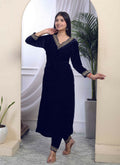 Miravan Women's Blue Velvet Embroidered/Sequence Work Straight Kurta with Palazzo