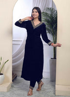 Miravan Women's Blue Velvet Embroidered/Sequence Work Straight Kurta with Palazzo