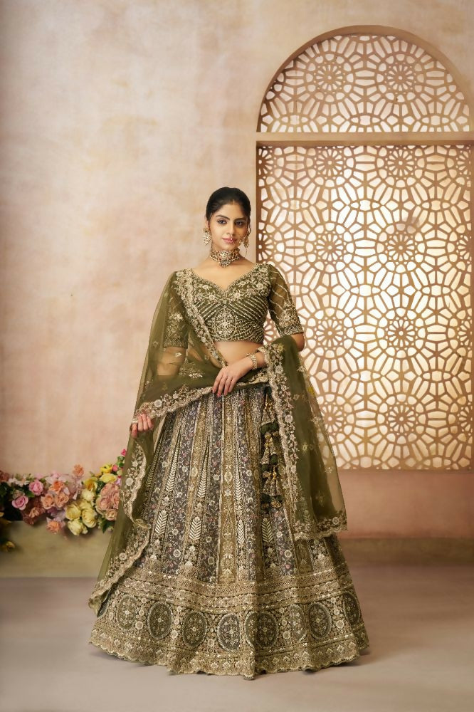 Kesar Fab Mehendi Net Hand_Woven Lehenga