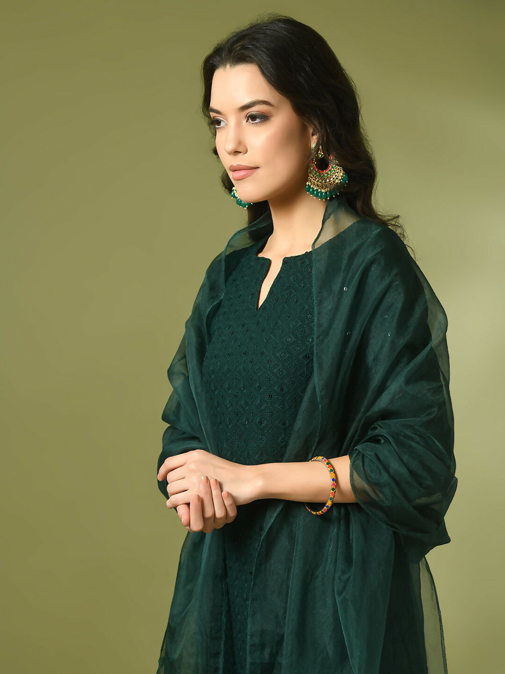 Myshka Women's Green Embroidered Cotton Straight Party Kurta Set With Dupatta