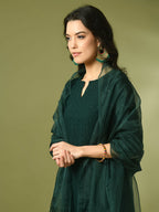 Myshka Women's Green Embroidered Cotton Straight Party Kurta Set With Dupatta