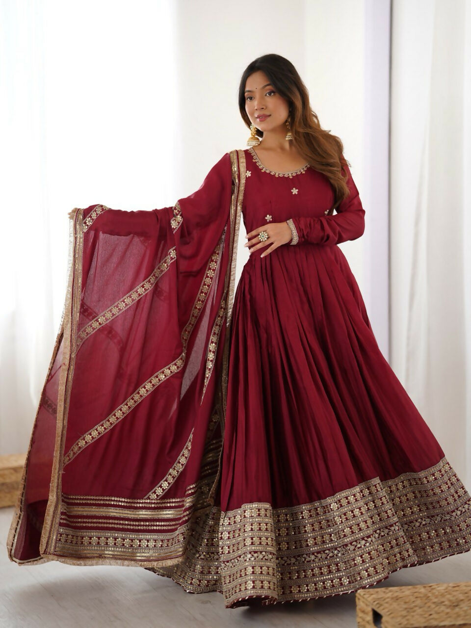 The52 Women's Gorgeous Chinon Silk Fabric Embroidery Work Flared Anarkali Pant and Dupatta Set - Distacart
