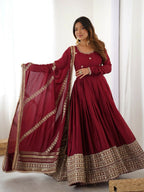 The52 Women's Gorgeous Chinon Silk Fabric Embroidery Work Flared Anarkali Pant and Dupatta Set - Distacart