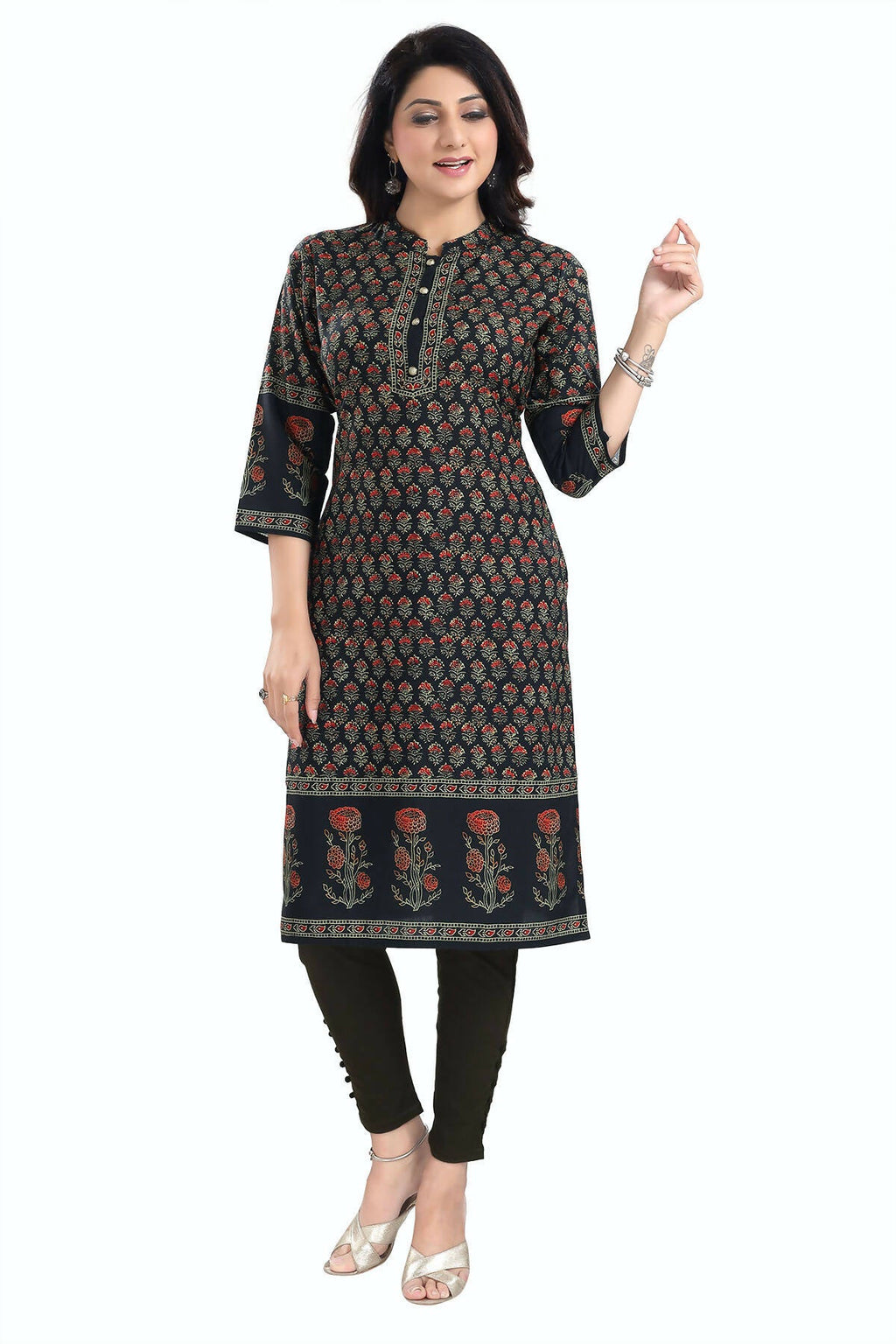Snehal Creations Breathtaking Black Designer Digital Print Cotton Slub Fabric Long Kurti Tunic - Distacart