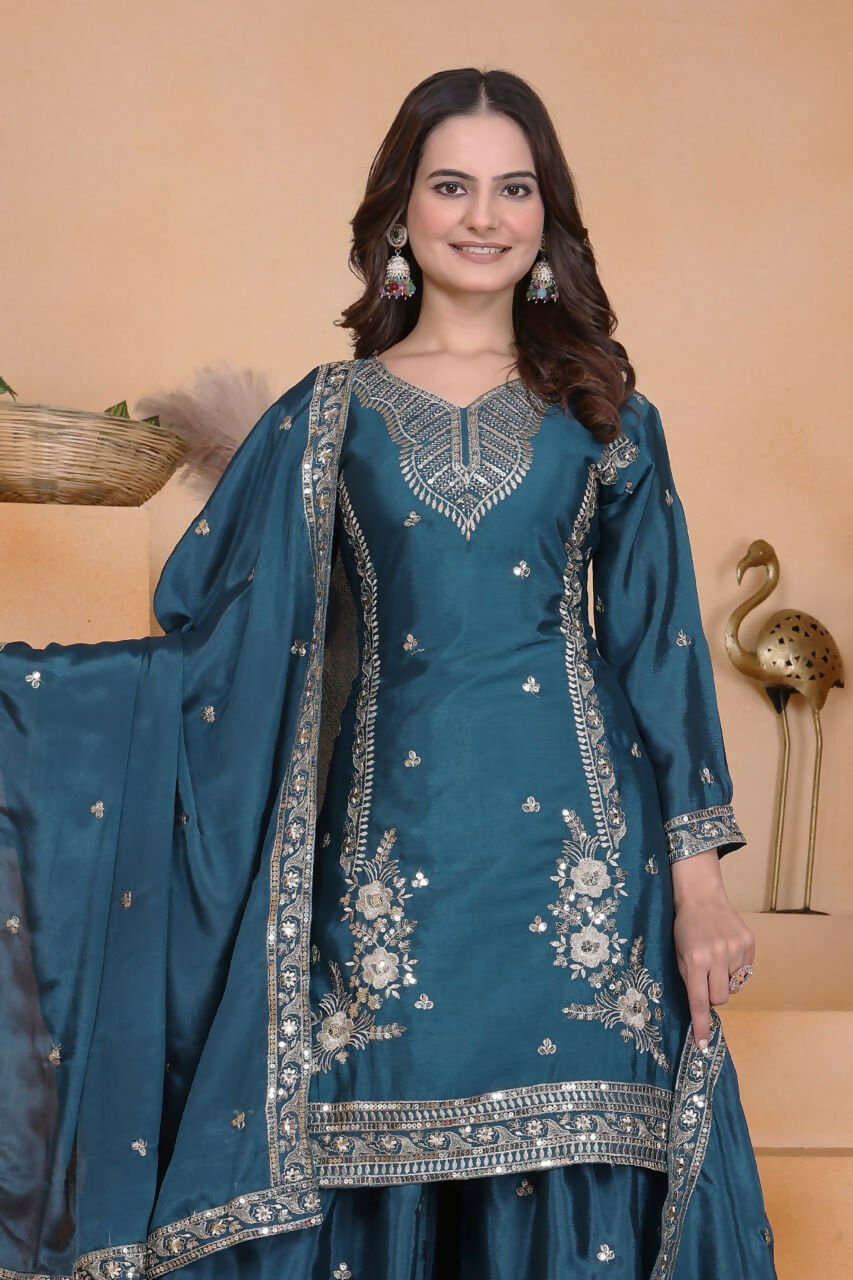 Teeya Creation Teal Color Chinon Silk Wedding Wear Trending Palazzo Set - Distacart