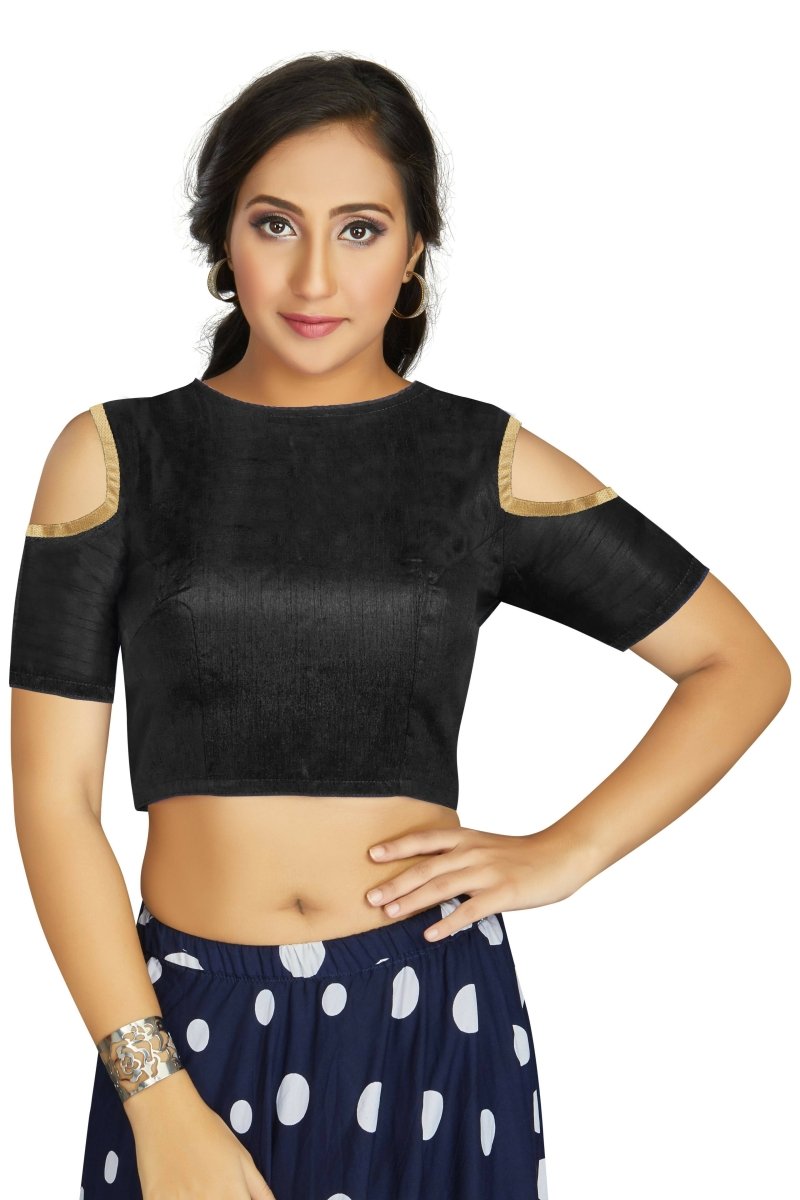 Aastha Fashion Women's Black Art Silk Cold Shoulder Sleeve Readymade Blouse