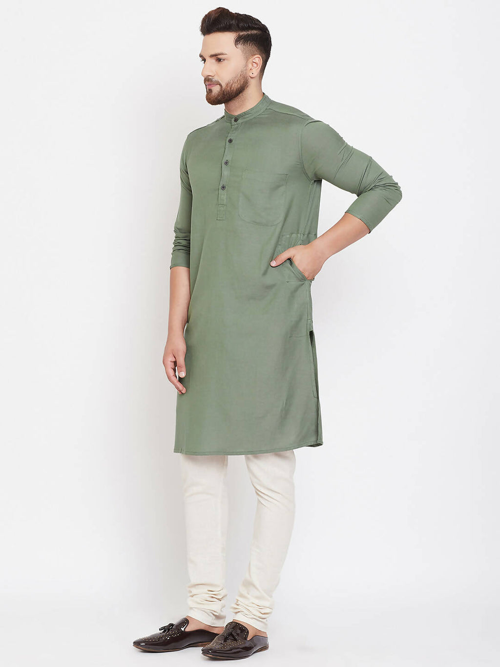 Even Apparels Green Color Linen Linen Men's Kurta With Band Collar - Distacart
