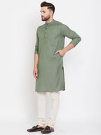 Even Apparels Green Color Linen Linen Men's Kurta With Band Collar - Distacart