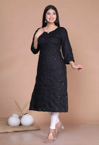 Miravan Women's Black Embroidered And Mirror Work Pakistani Straight Kurti