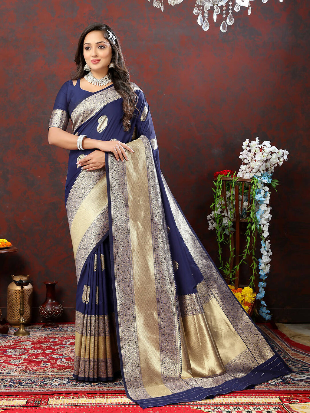 Lorenvalley Fashion Navyblue Soft Silk Woven Design Gold Zari Weaving Saree