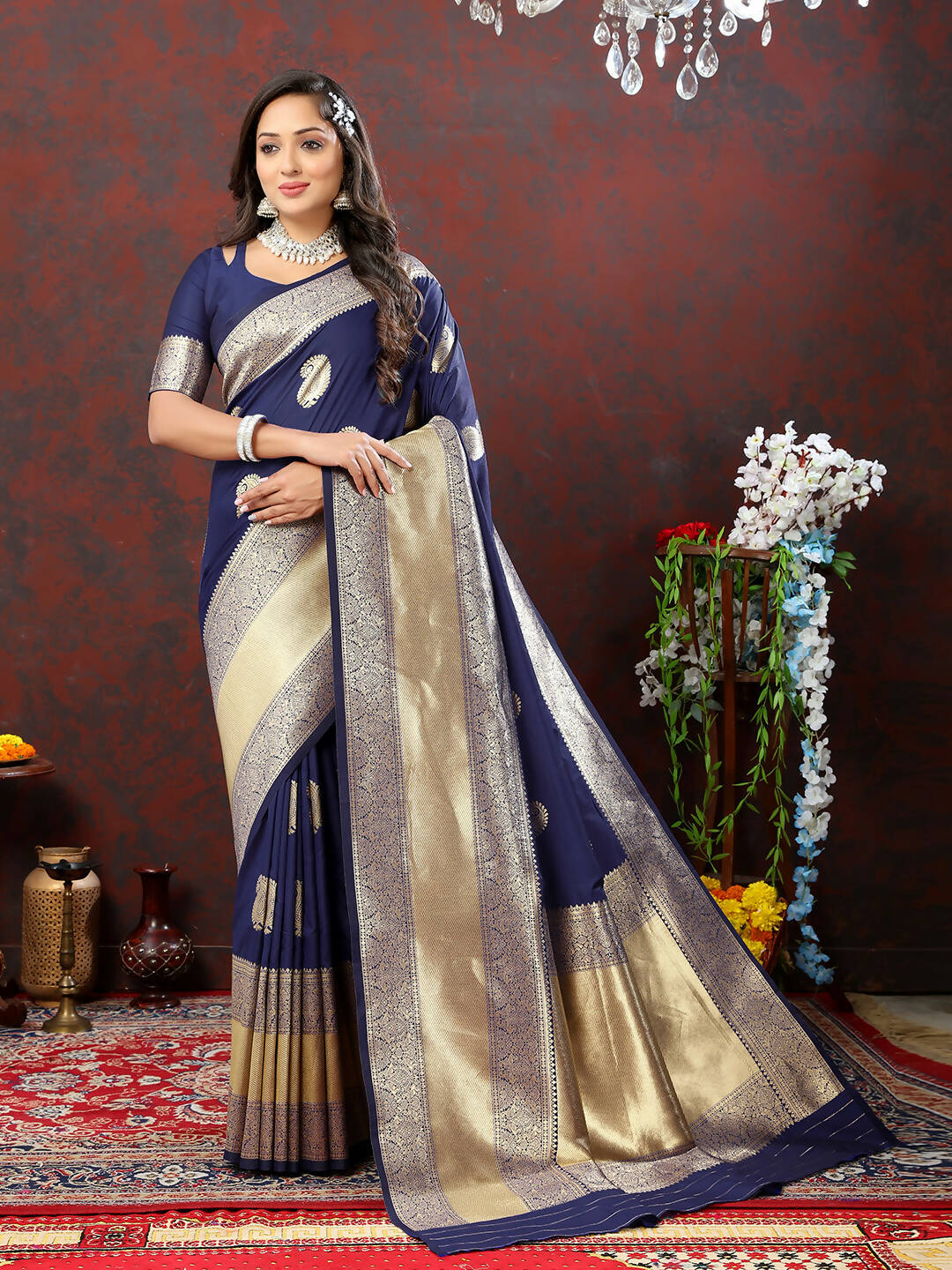 Lorenvalley Fashion Navyblue Soft Silk Woven Design Gold Zari Weaving Saree