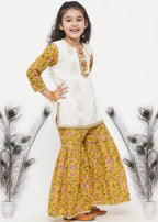 Little Bansi Girls Cotton Embroidery Kurta with floral sharara with Dupatta - White & Yellow