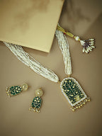 Nuyug 22K Gold-Plated Pearl Beaded Strings Green Enamel Pendant with Floral Motifs Necklace Set