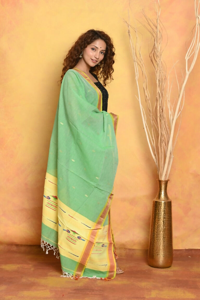 Very Much Indian Handloom Pure Cotton Paithani Dupatta - Green