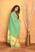 Very Much Indian Handloom Pure Cotton Paithani Dupatta - Green