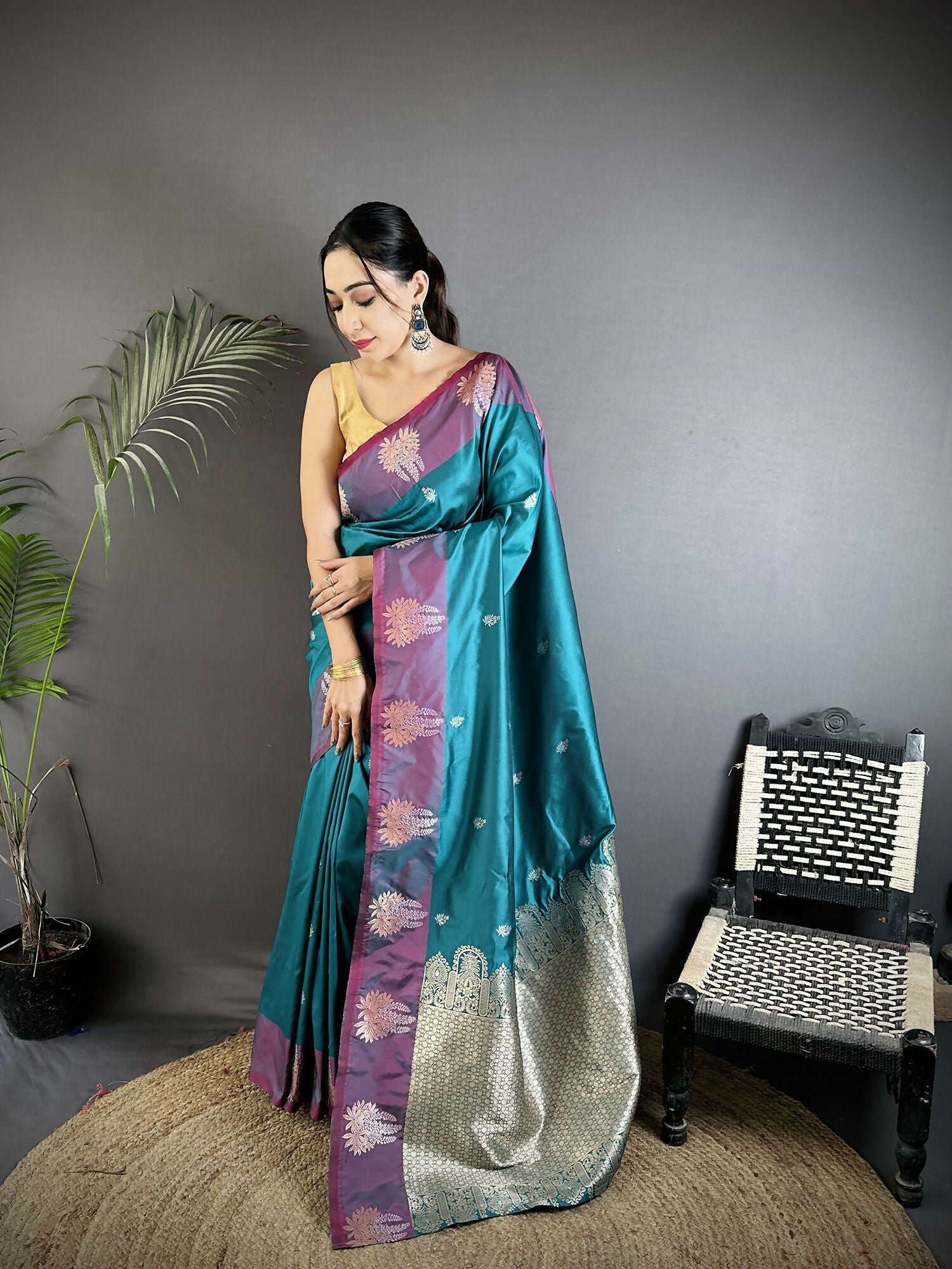 Joban Fashion Teal Small Butti Soft Silk Banarasi Saree - Distacart