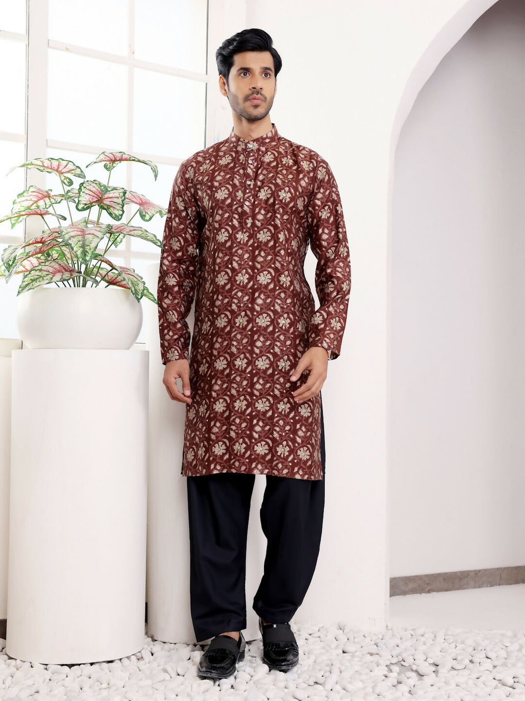 Maroon Modal Silk Designer Printed Men's Kurta - Mahotsav
