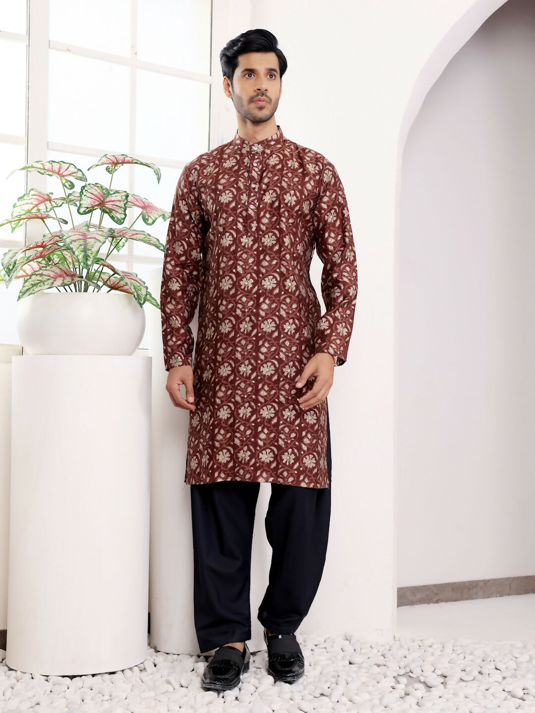 Maroon Modal Silk Designer Printed Men's Kurta - Mahotsav
