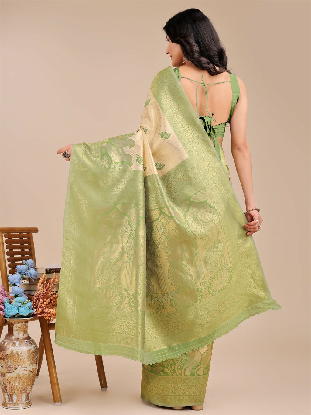 Shree Shyam Fashion Banarasi Silk Cream & Light Green Saree - Distacart