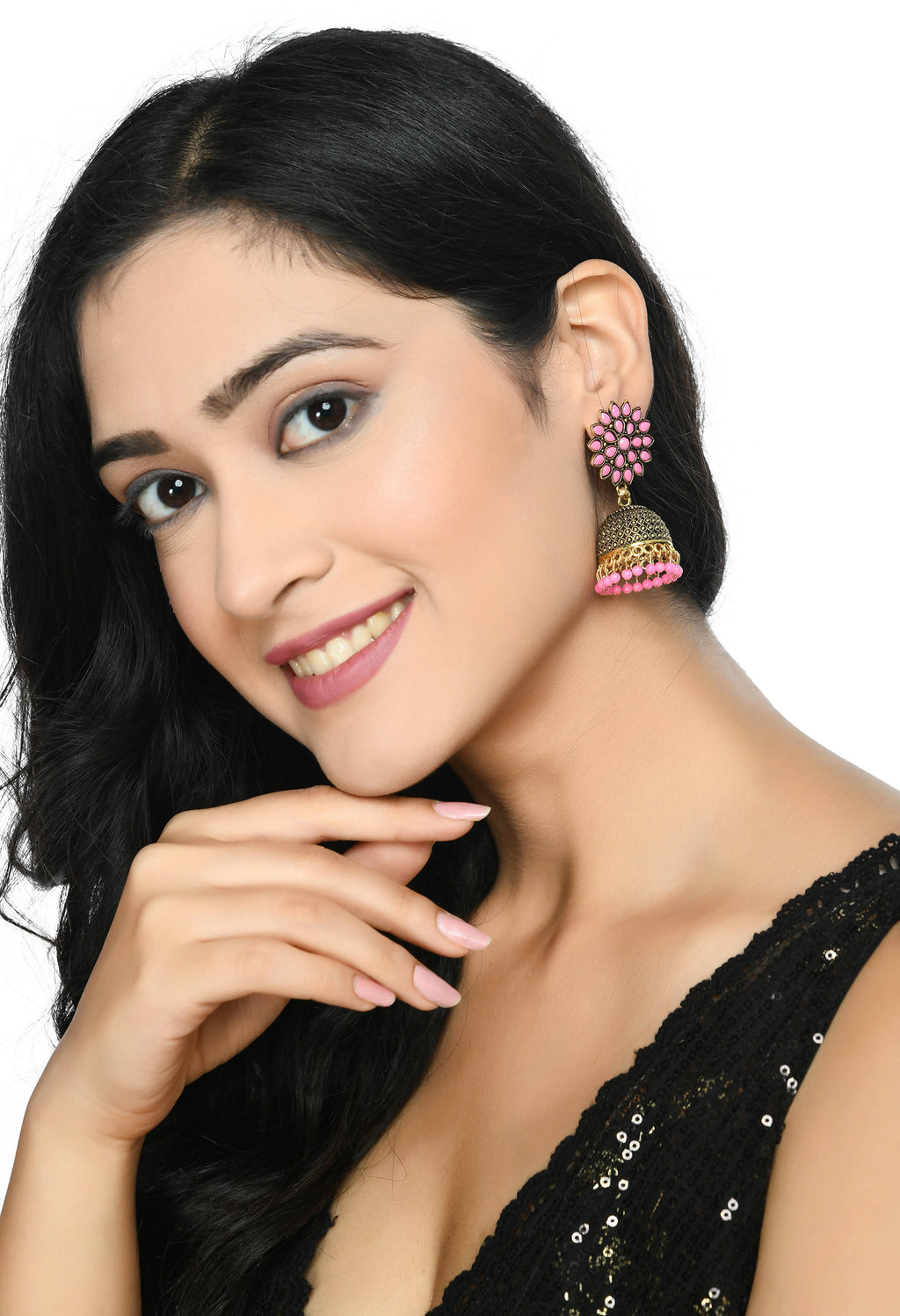 Mominos Fashion Johar Kamal Beautiful Kundan Work Jhumka With Baby Pink Beads - Distacart