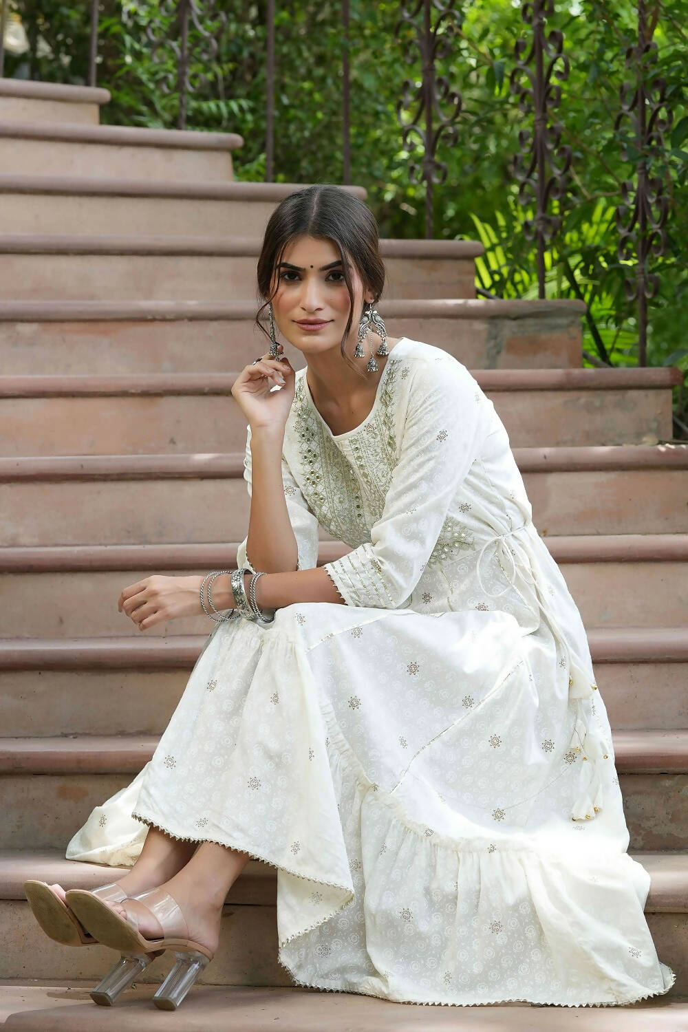 Juniper Off-White Rayon Festive Wear Embroidered A-Line Long Dress - Distacart
