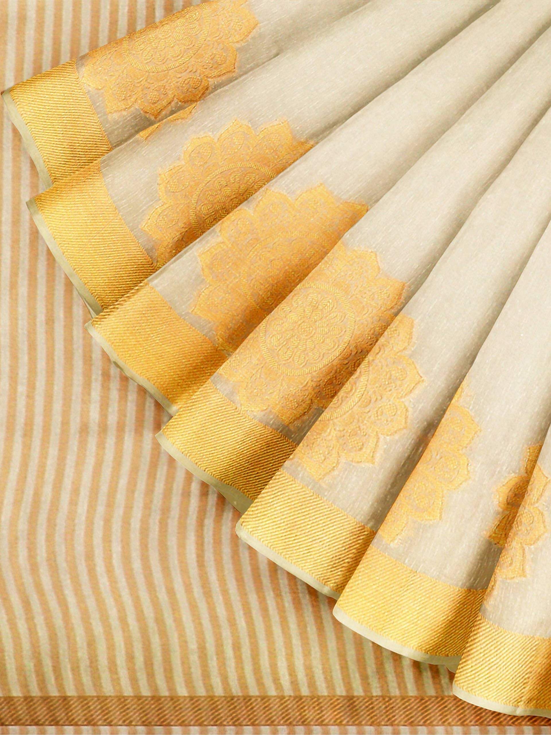 Mimosa Women's Off White Linen Blend Kasavu Saree - Distacart