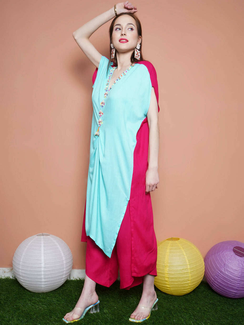 Women Republic Blue And Pink Assyemtrical Kurta Set - Distacart