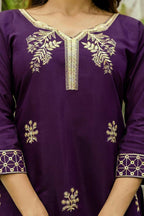 The52 Wine Women's Beautiful Viscose Chanderi Fabric Thread Work Straight Kurta Pant and Dupatta Set - Distacart