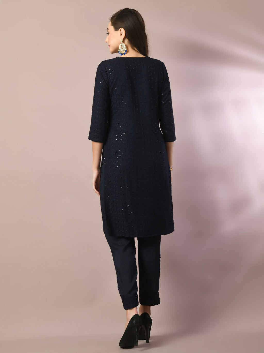 Myshka Women's Navy Blue Embroidered Cotton Straight Party Kurta Set