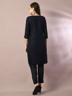 Myshka Women's Navy Blue Embroidered Cotton Straight Party Kurta Set