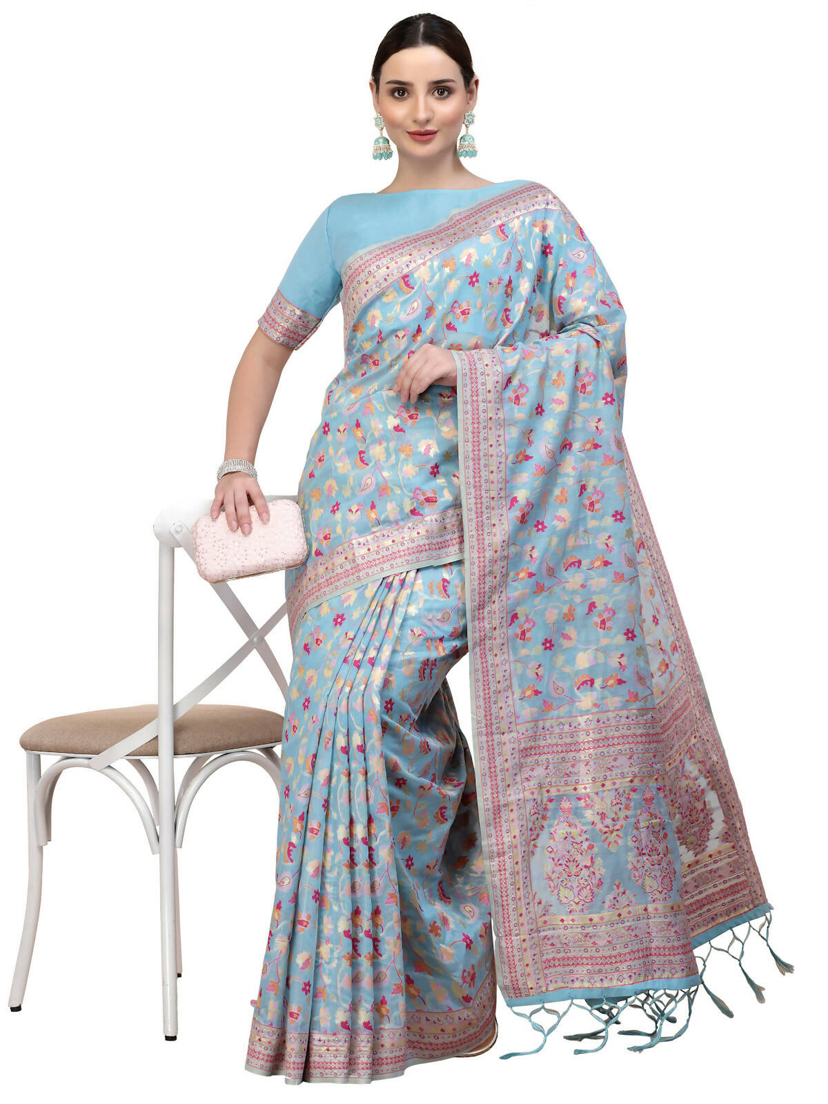 Blue Silk Blend Woven Design Saree With Unstitched Blouse Piece - Aloki