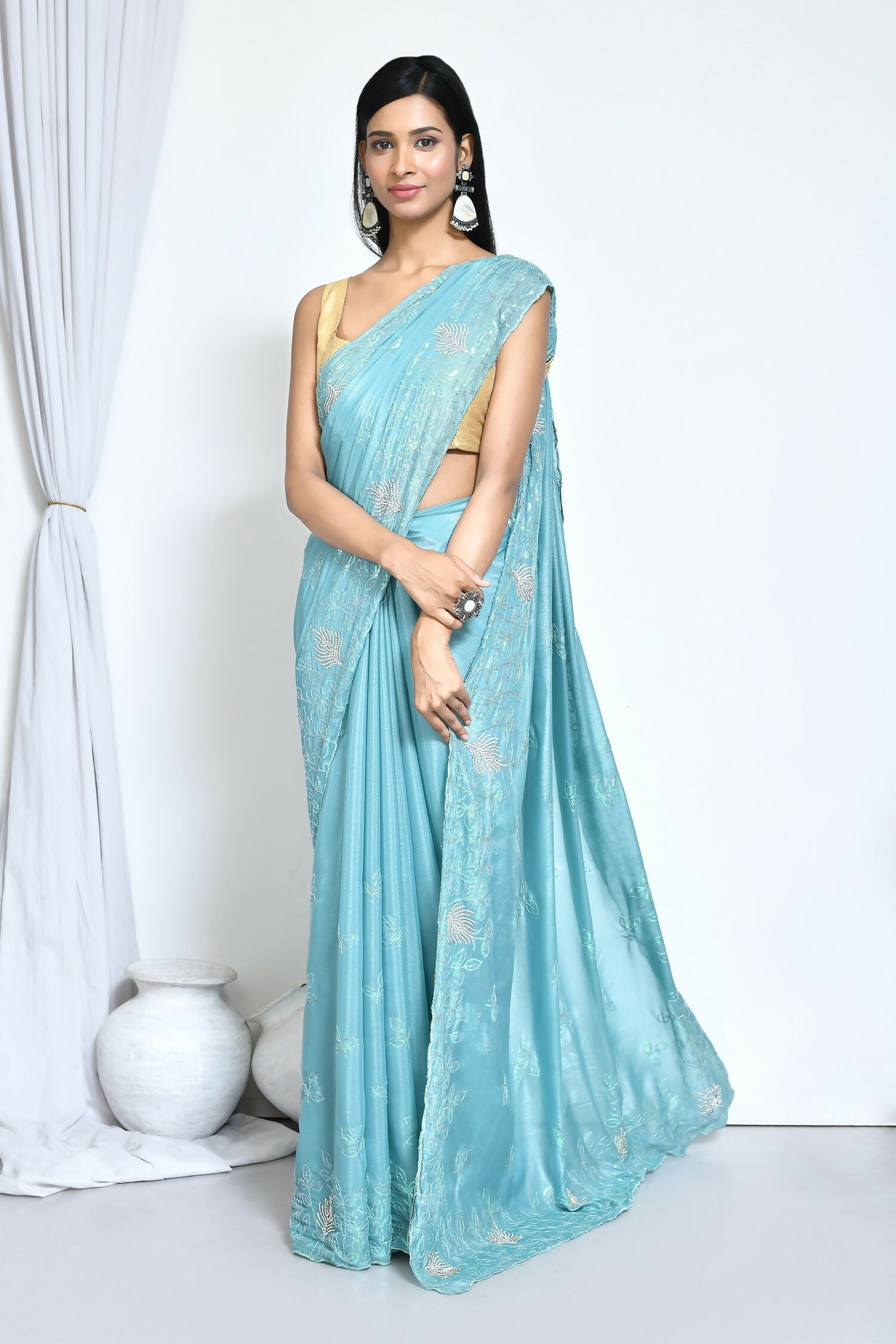 Blue Crepe Silk Sequence Embroidered with Stone work Saree - Nimaya Benzy