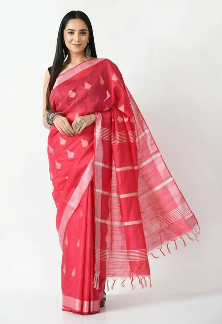 Mominos Fashion Moeza Rose Pink All Over Buti Handloom Silk Saree with unstitched Blouse piece