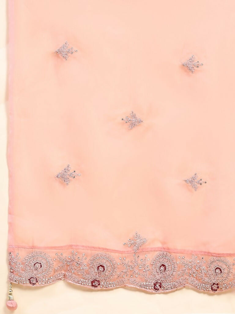 Peach Silk Embroidered Poncho Pattern Top & Lehenga with Dupatta - Tanya