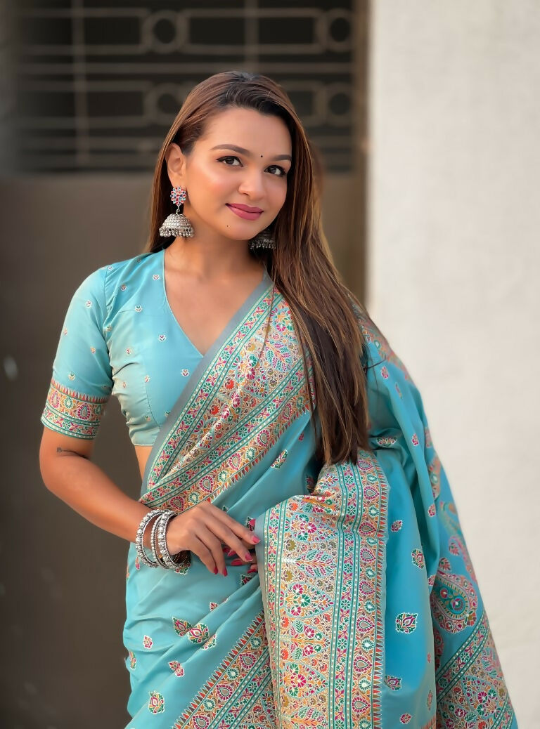 Blue Pashmina Silk Wevon Kashmiri Meenakari Designer Saree with Unstitched Blouse - Vandini