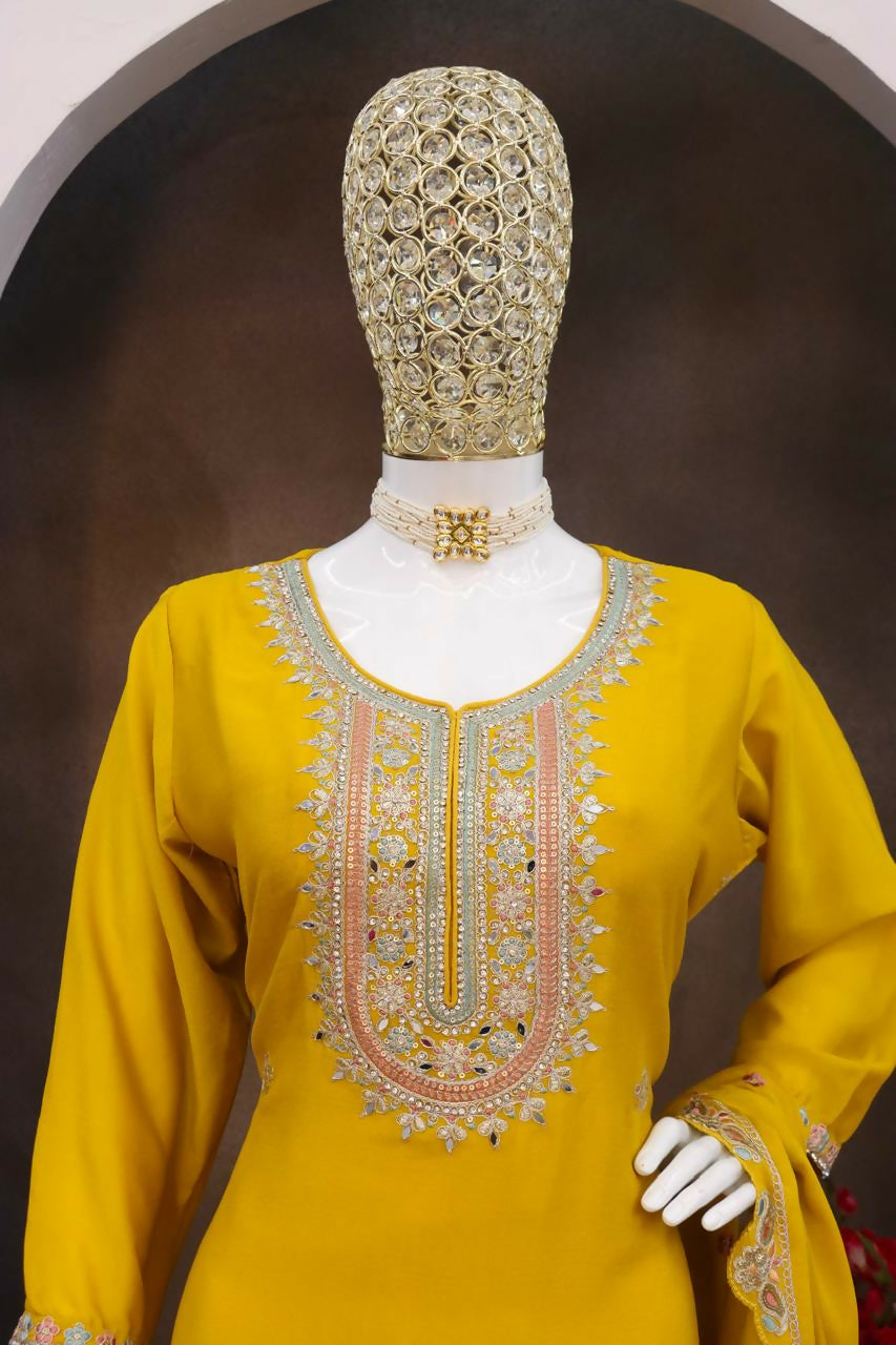 Anaita Yellow Heavy Chinon Stitched Suit with Embroidery & Sequence Work - Distacart