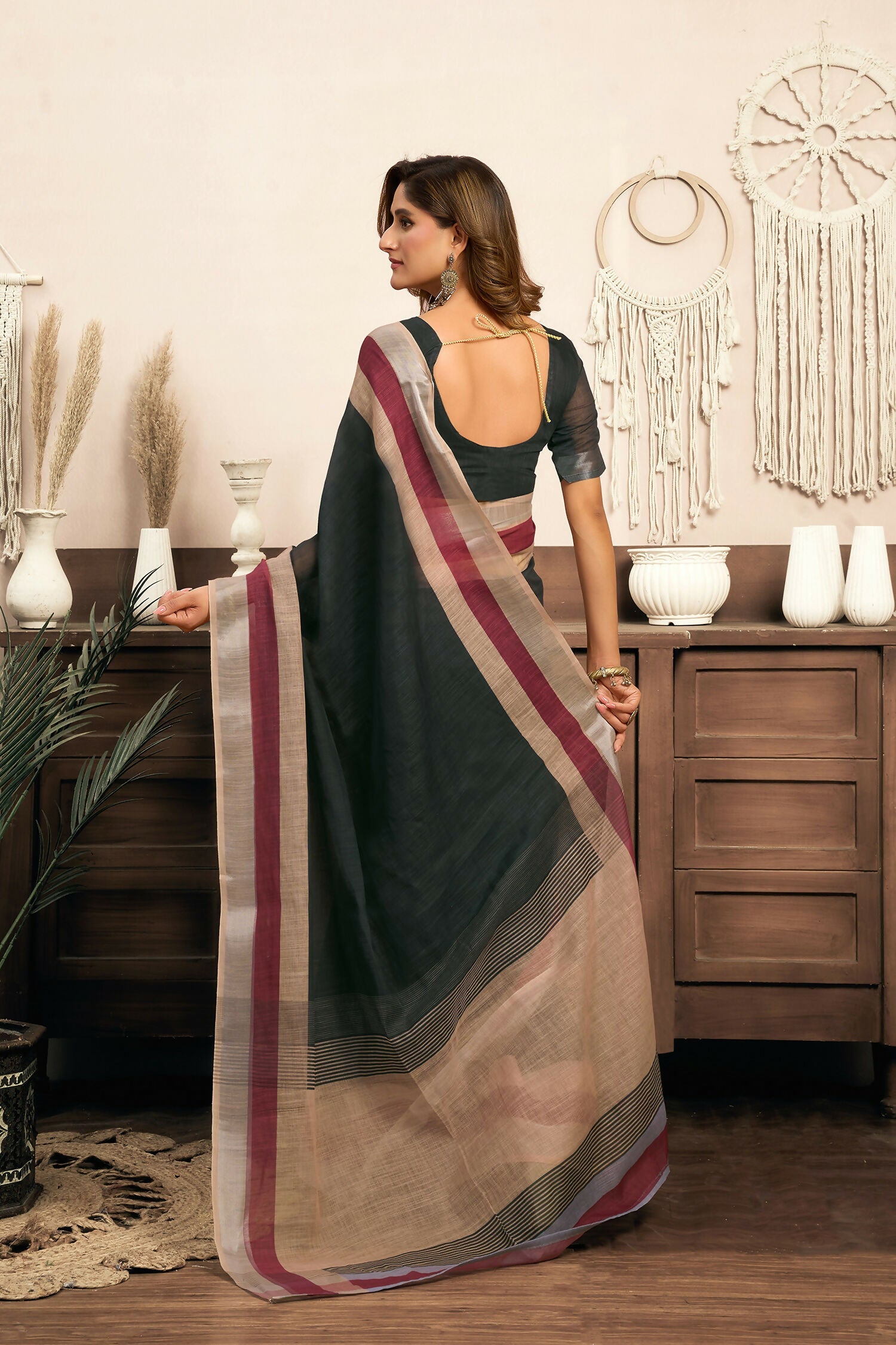 Joban Fashion  Black Solid Linen Ready To Wear Saree With Unstitched Blouse - Distacart