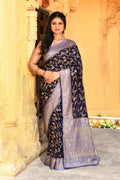 Joban Fashion Navy Blue Crepe Chiffon Pure Handloom Banarasi Silk Saree
