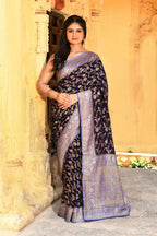 Joban Fashion Navy Blue Crepe Chiffon Pure Handloom Banarasi Silk Saree