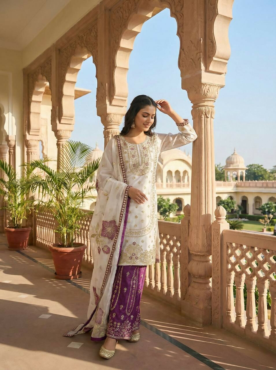 Teeya Creation Wine Gimmy Silk Designer Embroidery Work Wedding Wear Palazzo Pair - Distacart