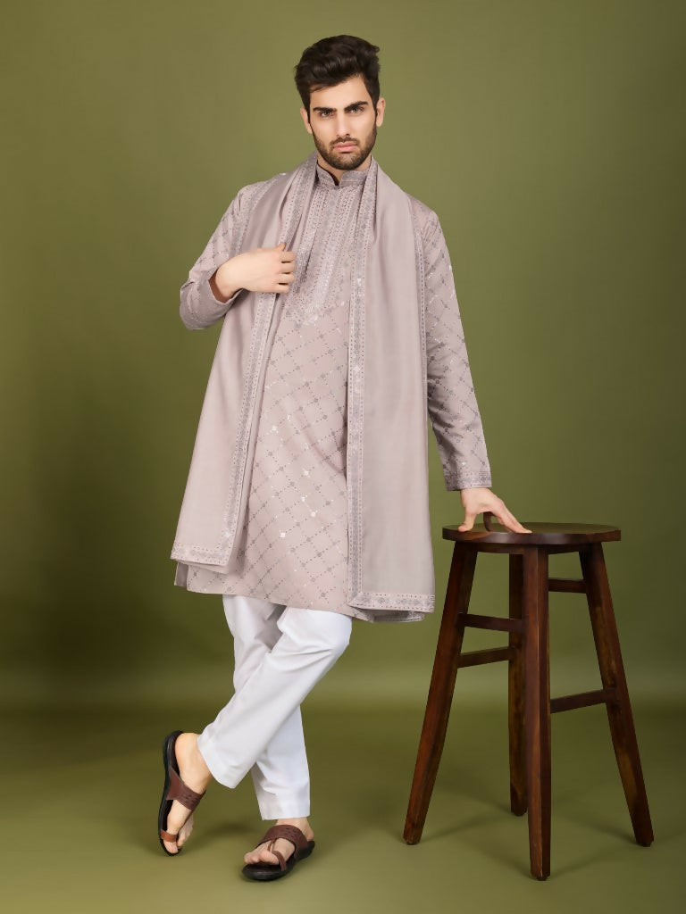 Vastranavya Ivory Exclusive Festival Wear Viscose Silk Thread with Sequence Embroidered Work Kurta with Dupatta