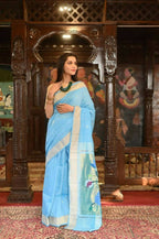 Very Much Indian Handloom Pure Cotton Paithani Peacock Pallu-Sky Blue - Distacart