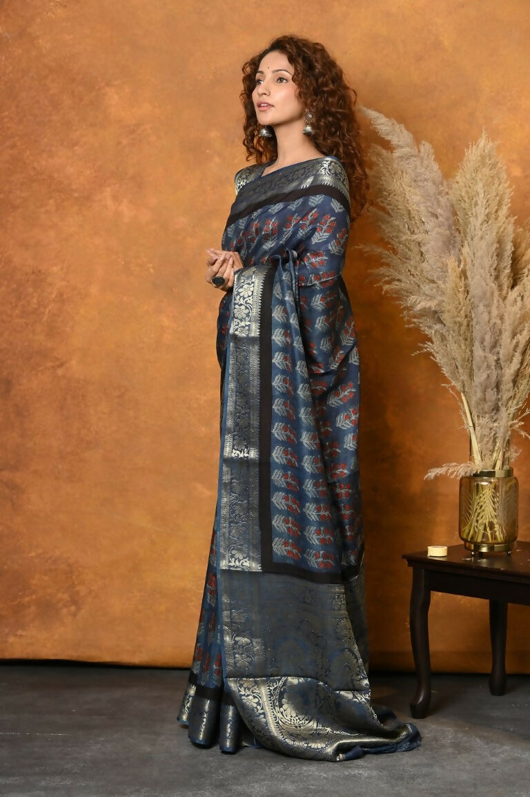 Very Much Indian Modal Silk Ajrakh Handblock Printed Natural Dyes With Designer Border Saree - Black