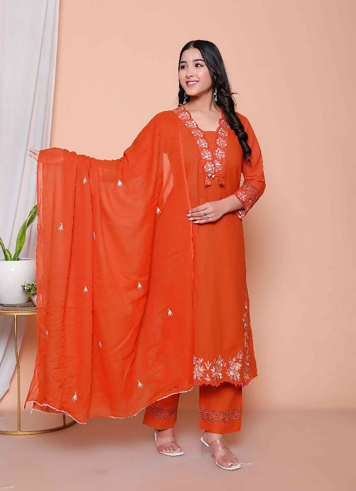 Miravan Womens Embroidered Cotton Kurta With Palazzo & Dupatta Set - Distacart