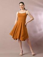 Myshka Women's Mustard Solid Shoulder Straps Fit and Flare Party Dress - Distacart