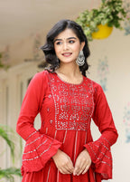 Kaajh Women's Red Mirror Embroidered Cotton Ethnic Dress - Distacart