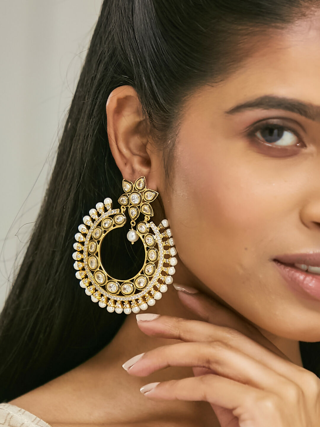 Nuyug 22K Gold-Plated Kundan Studded & Pearl Beaded Floral Chandbali Earrings - Distacart