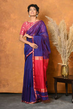 Very Much Indian Handloom Pure Cotton Silk Saree With Sleek Golden Border - Indigo Blue