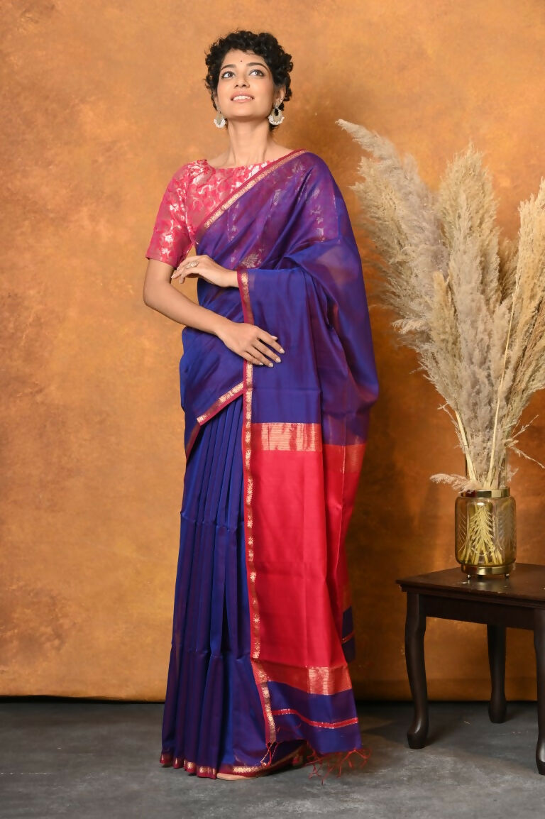 Very Much Indian Handloom Pure Cotton Silk Saree With Sleek Golden Border - Indigo Blue