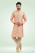 Raivat Ethnic Jacquard Banarasi Silk Pintux Work Kurta Pajama In Peach Colour